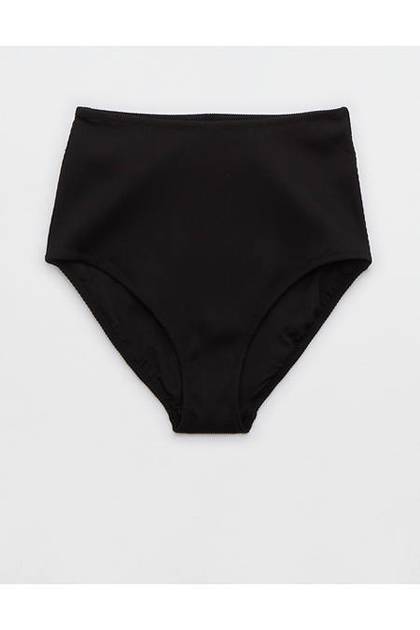 Aerie Ribbed High Waisted Full Coverage Bikini Bottom True Black