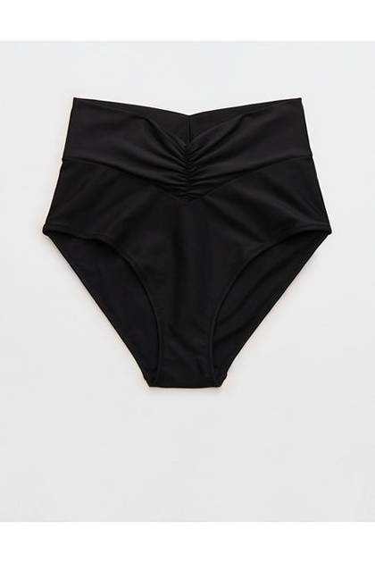 Aerie Ruched High Waisted Full Coverage Bikini Bottom True Black
