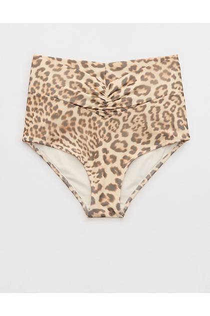 Aerie Mesh Ruched High Waisted Full Coverage Bikini Bottom Natural