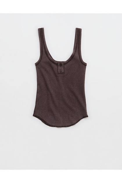 Aerie Ribbed Henley Tank Top Deep Earth