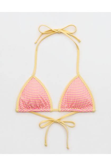 Aerie Ribbed String Triangle Bikini Top Pink Punch