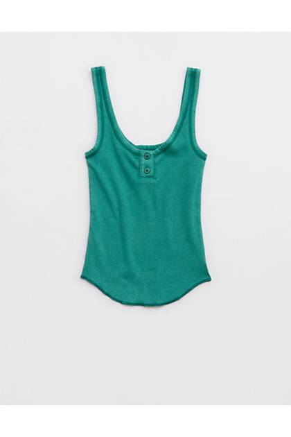 Aerie Ribbed Henley Tank Top Deep Forest