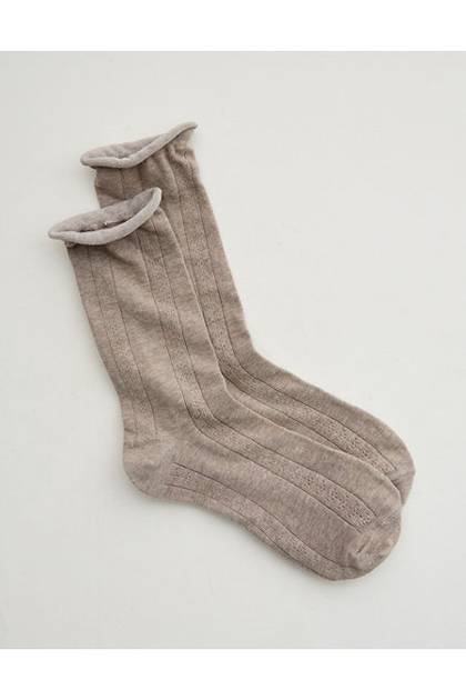 Aerie Knit Pointelle Crew Socks Taupe