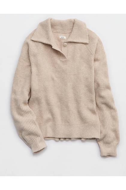 Aerie Classic Quarter Button Sweater Heather Fawn