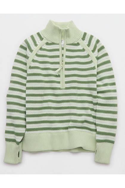 OFFLINE By Aerie Cool Down Quarter Zip Waffle Sweater Aloe