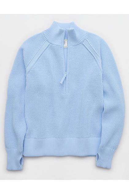 OFFLINE By Aerie Cool Down Quarter Zip Waffle Sweater Blue Mist