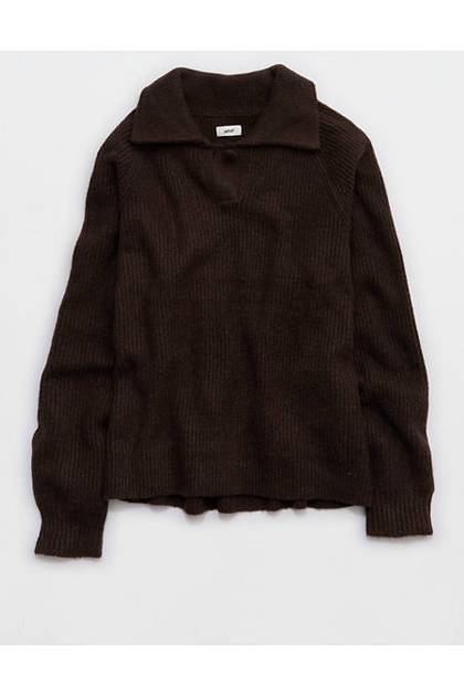 Aerie Classic Quarter Button Sweater Deep Earth