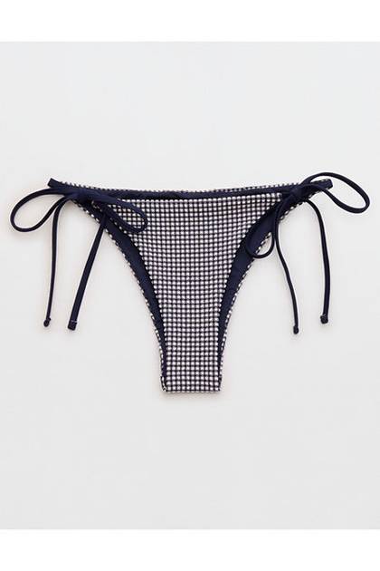 Aerie Seersucker Cheekiest Side Tie Bikini Bottom Navy