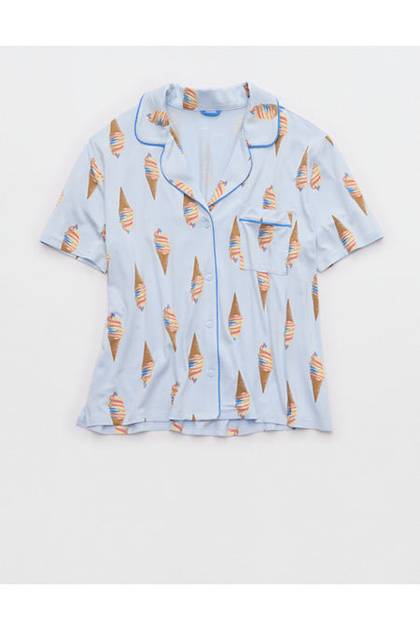 Aerie Real Soft® Short Sleeve Pajama Shirt Eyelet Blue