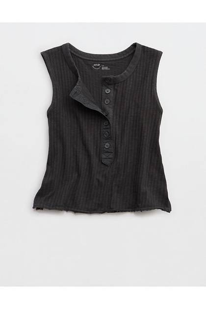 Aerie Shadow Stripe Henley Tank Top Smoked Gray