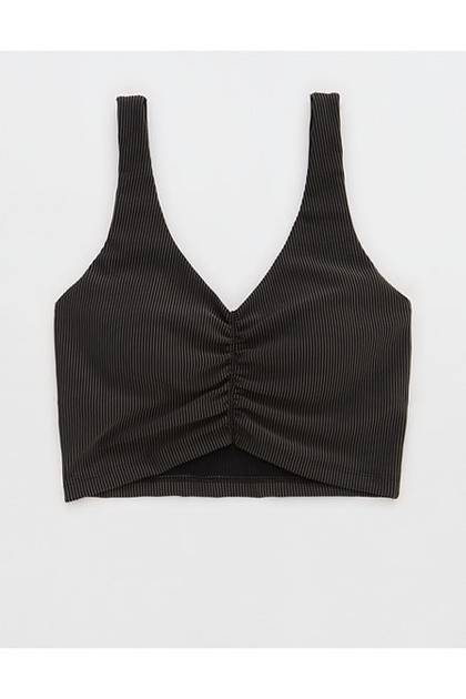 OFFLINE By Aerie Stripe Rib Ruched Low Key Sports Bra True Black