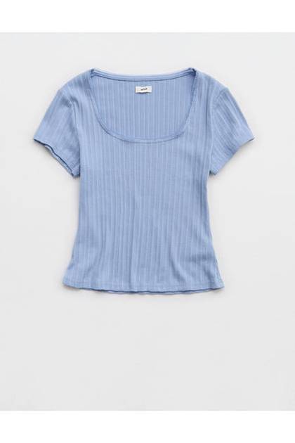 Aerie Pointelle Square Neck T-Shirt Monaco Blue