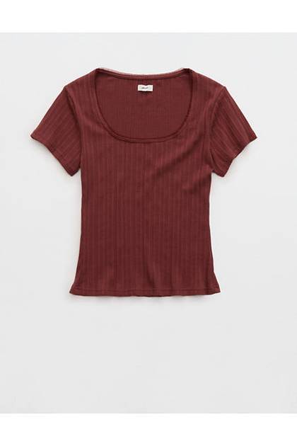 Aerie Pointelle Square Neck T-Shirt Dark Rust
