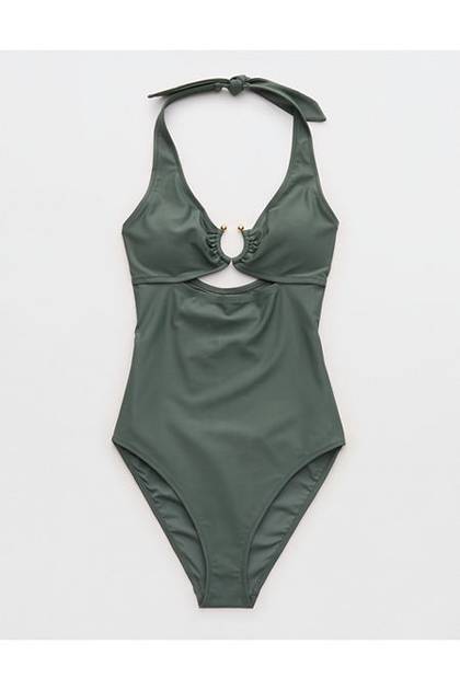 Aerie Horseshoe Ring Halter Full Coverage One Piece Swimsuit Royal Palm