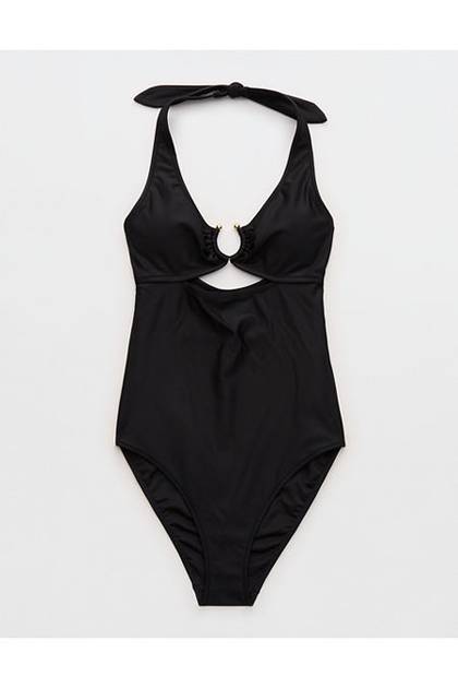 Aerie Horseshoe Ring Halter Full Coverage One Piece Swimsuit True Black