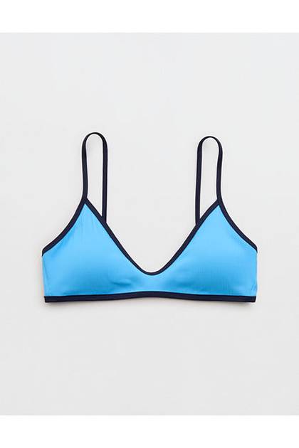 Aerie Skinny Strap Voop Ribbed Bikini Top Blue Plunge