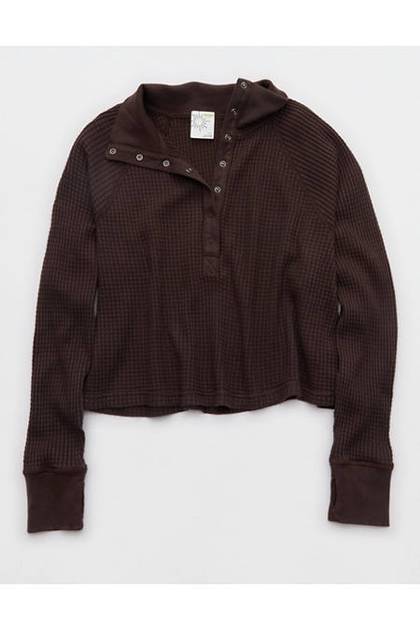 OFFLINE By Aerie Wow! Waffle Mockneck Henley Long Sleeve T-Shirt Deep Earth