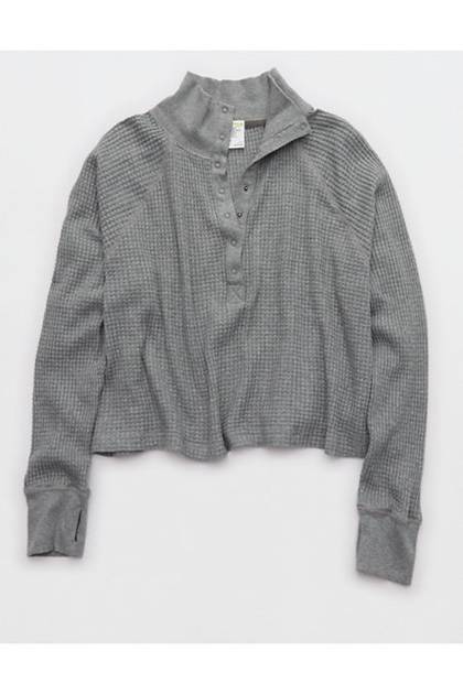OFFLINE By Aerie Wow! Waffle Mockneck Henley Long Sleeve T-Shirt Dark Heather Gray
