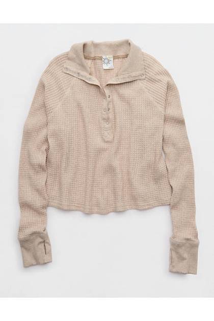 OFFLINE By Aerie Wow! Waffle Mockneck Henley Long Sleeve T-Shirt Heather Fawn