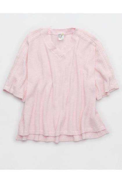 OFFLINE By Aerie Wow! Waffle Jersey V-Neck T-Shirt Pink Petal