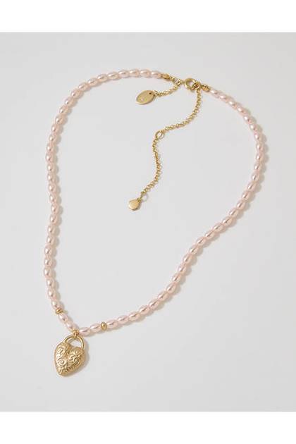 Aerie Pearl Heart Locket Necklace Gold