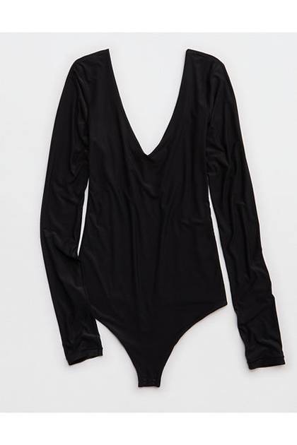 SMOOTHEZ Long Sleeve Plunge Bodysuit True Black