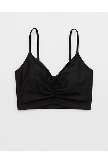 Aerie Ruched Longline Scoop Bikini Top True Black