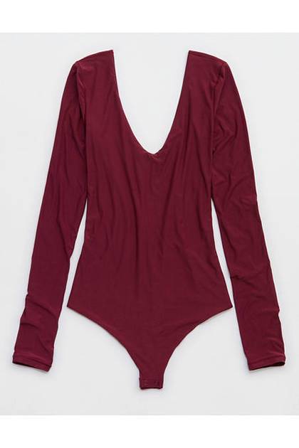 SMOOTHEZ Long Sleeve Plunge Bodysuit Deep Cherry