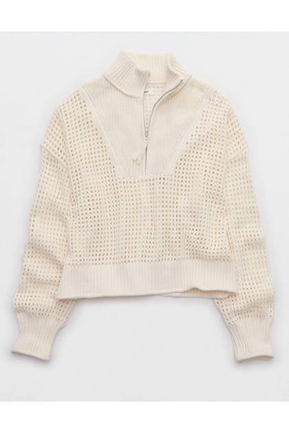 Aerie Crochet Quarter Zip Sweater Natural