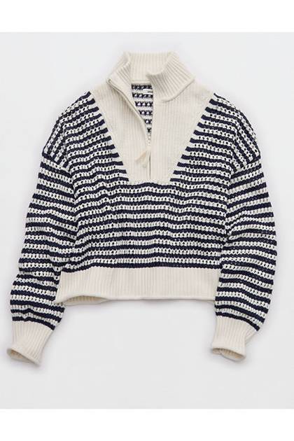 Aerie Crochet Quarter Zip Sweater Navy