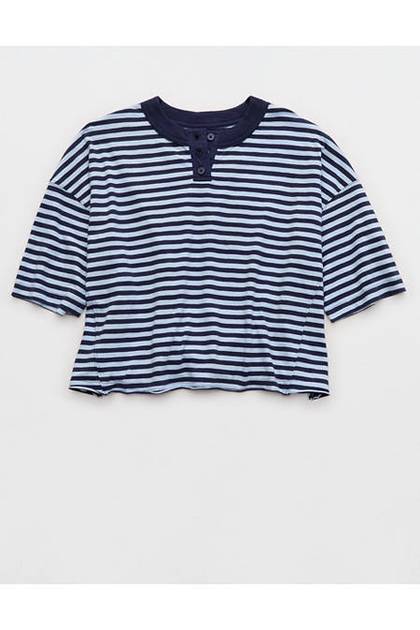 Aerie Remix Henley Cropped T-Shirt Navy