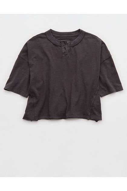 Aerie Remix Henley Cropped T-Shirt Smoked Gray