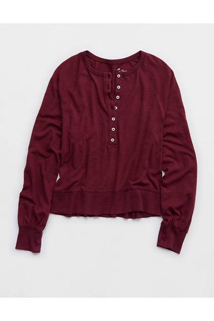 Aerie Happy Snit Henley T-Shirt Deep Cherry