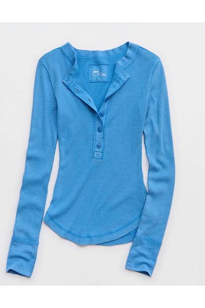Aerie Henley Essential Layering T-Shirt Sky Blue