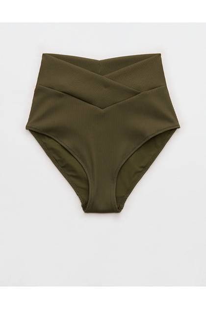 Aerie High Rise Full Coverage Crossover Ribbed Bikini Bottom Military Green