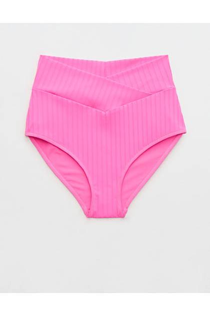 Aerie Ribbed High Waisted Full Coverage Bikini Bottom Pink Punch