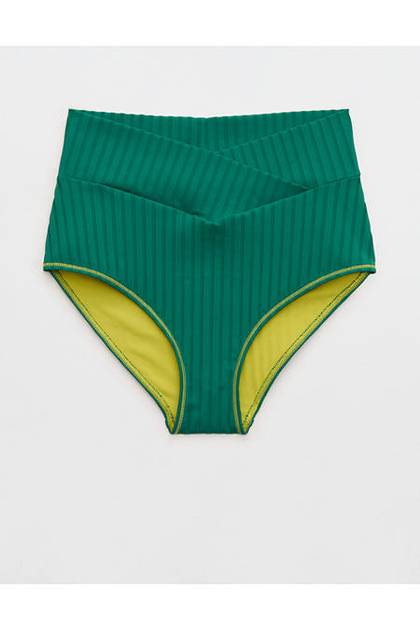 Aerie Ribbed High Waisted Full Coverage Bikini Bottom Deep Forest