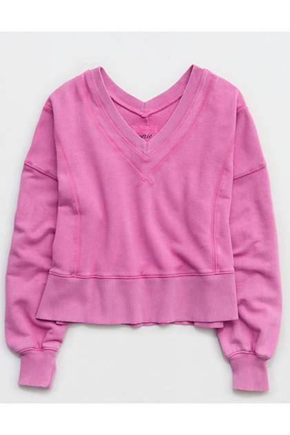 Aerie Go-To V Neck Sweatshirt Hot Fuchsia
