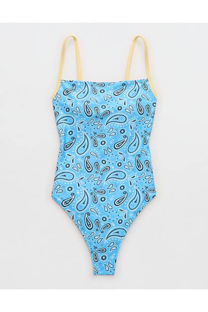 Aerie | Smiley® Happy Cheeks One Piece Swimsuit Blue Plunge