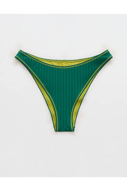 Aerie Ribbed Mid Rise Cheeky Bikini Bottom Deep Forest
