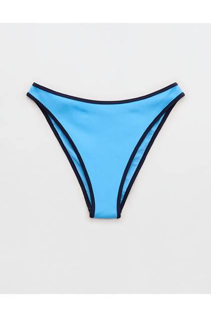 Aerie Mid Rise Ribbed Cheeky Bikini Bottom Blue Plunge