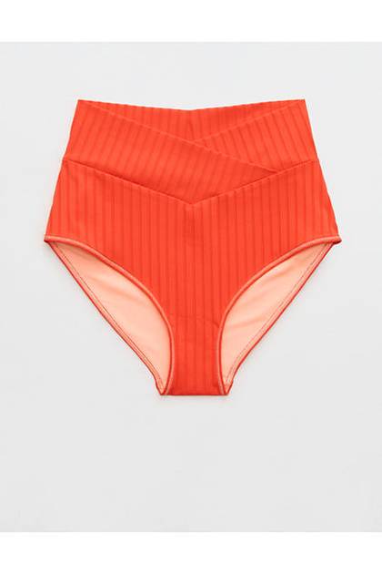 Aerie Ribbed High Waisted Full Coverage Bikini Bottom Orange Flare