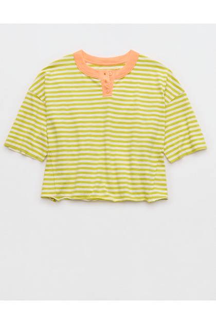 Aerie Remix Henley Cropped T-Shirt Lime Slush
