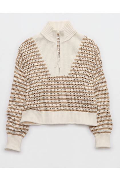 Aerie Crochet Quarter Zip Sweater Toasted Almond