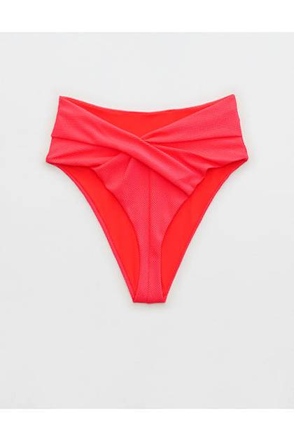 Aerie Shine Pique Twist High Cut Bikini Bottom Red Sprinkle
