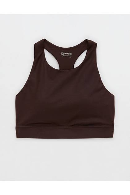 OFFLINE By Aerie Goals Gloss High Neck Sports Bra Deep Earth