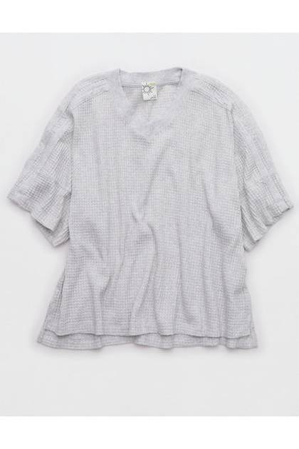 OFFLINE By Aerie Wow! Waffle Jersey V-Neck T-Shirt Light Heather Gray