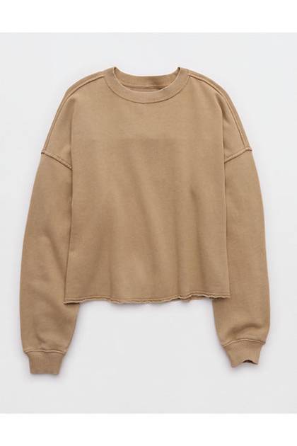 Aerie Festival Fringe Crew Sweatshirt Toasted Almond