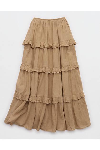 Aerie Ready To Ruffle Tiered Midaxi Skirt Toasted Almond