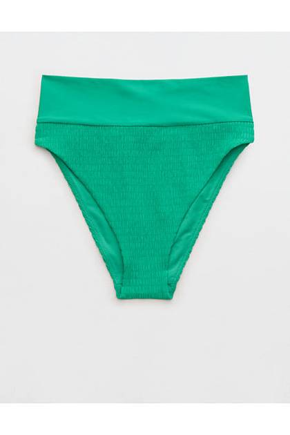 Aerie Smocked High Cut Cheeky Bikini Bottom Leaf Green